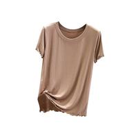 RLEHJN Women's Pyjama Tops Base Layer, Ladies Summer Tops Solid Color T Shirts Crew Neck Soft Tops Elegant Short Sleeve Blouses Casual Basic Tees Loose Fit Tshirts Loungewear Nightwear Coffee