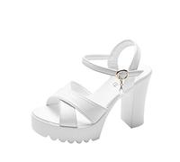 RLEHJN Women's Sandals Open Toe Ankle Strap Low Block Chunky Heels Sandals Comfortable Platform Strappy Wedge Sandals Prom Wedding Bridal Party Dress Pumps Beach Summer Shoes Black, White