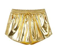 RLEHJN Women's Shiny Metallic Shorts Elasticated Waist Solid Color Sexy High Waist Summer Shorts Dance Rave Reflective Hot Pants with Pockets and Drawstring Party Night Clubwear Streetwear Gold