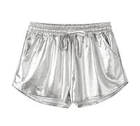 RLEHJN Women's Shiny Metallic Shorts Elasticated Waist Solid Color Sexy High Waist Summer Shorts Dance Rave Reflective Hot Pants with Pockets and Drawstring Party Night Clubwear Streetwear Silver