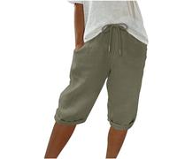RLEHJN Women's Spring-Summer Capri Shorts, Army Green, Size 10-18, 2 Pockets, High Rise, Drawstring Waist, Flat Front, Compression Fit, Perfect for Workout and Training