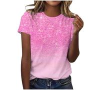 RLEHJN Women's T-Shirts UK Glitter Sparkly Printed Short Sleeve Tops Casual Comfortable Crew Neck Pullover Summer Loose Fit Tshirts Basic Tee Shirts Ladies Blouses Size 8-16 Hot Pink