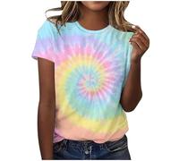 RLEHJN Womens T Shirts UK Hearts Tie-Dye Printed Short Sleeve Tops Casual Lightweight Crew Neck Pullover Summer Loose Fit Tshirts Round Neck Basic Tee Shirts Ladies Blouses Size S-3XL