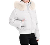 RLEHJN Womens Winter Coats Faux Fur Hooded Puffer Jackets Cropped Parka Jacket Short Quilted Jacket Full Zip Warm Padded Coat with Hood and Pockets Overcoat Hoodies Thickened Cotton Outerwear