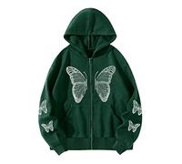 RLEHJN Womens Zip Up Hoodie, Ladies Hoodies Butterflies Printed Jumpers Fleece Lined Sweatshirts Gothic Style Sweater Long Sleeve Tops Hooded Sweatshirt Casual Sportswear Hoody with Pockets Green