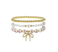 RLHRNDE 3 Pcs Vintage Ceramic Beads Bracelets for Women 18K Gold Pearl Beaded Stacking Chunky Pearl Stretch Beach Bracelet Romantic Jewelry Gift, L, alloy, no gemstone