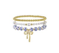 RLHRNDE 3 Pcs Vintage Ceramic Beads Bracelets for Women 18K Gold Pearl Beaded Stacking Chunky Pearl Stretch Beach Bracelet Romantic Jewelry Gift