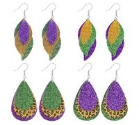 RLHRNDE 4 Pair Colorful Mardi Gras Earrings Set for Women Dainty Layer Leaf Multi-Level Teardrop Shape Dangle Dorp Earrings Glitter Statement Lightweight Earrings Fat Tuesday Carnival Holiday Jewelry