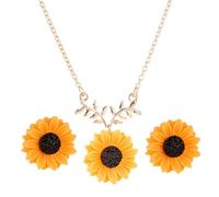 RLHRNDE Sunflower Necklace Earrings Set for Women Handmade Resin 3D Sunflower Daisy Flower Drop Dangle Earrings Golden Leaf Necklace Summer Boho Jewelry Set, Medium, Metal, No Gemstone