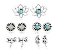 RLHRNDE Turquoise Stud Earrings Set for Women Exquisite Boho Small Geometric Square Oval Round Flower Earrings Handmade Gemstone Turquoise Earrings Jewelry Gifts, M, Metal, Turquoise