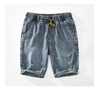 RLKHXBS Summer Spring Men Denim Shorts Thin Trend Elastic Waist Tie Straight Loose Five-Point Pants Gray Blue Workwear