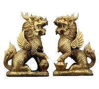 RLKHXBS Tabletop Feng Shui Set of Two Gold Brass Chi Lin/Kylin Statue, Lucky Kirin/Unicorn Ornaments, Wealth Prosperity Statue Decoration Attract Wealth and Good Luck,M