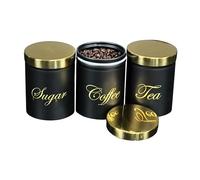 RLS Black Set of 3 Tea, Coffee, Sugar canisters Storage Container Set for Kitchen Accessories & Essentials | Black & Gold