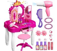 RLS Kids Vanity Table & Chair Set Toy- Princess Glamour Makeup Dresser with Triple Mirror, Working Toy Hair Dryer & Fashion Accessories - Pretend Play Beauty Set for Girls Ages 3+
