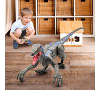 RLS Remote Control Dinosaur Toys - (Rechargeable) 2.4Ghz RC Walking Robot Velociraptor with LED Eye, Roaring Sound, Shaking Head & Tail, Jurassic Dino Electronic Toy