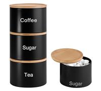 RLS Set of 3 Black Stacking Canisters - Tea, Coffee, Sugar Storage Jars with Easy Open & Airtight Bamboo Lids