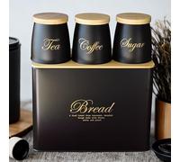 RLS Set of 4 Bread Bin storage with matching Tea, Coffee, Sugar Canisters - Black with Gold Reflective Gold Text writing with Bamboo Airtight lids jars