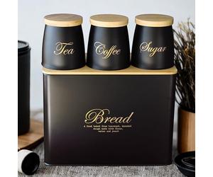 RLS Set of 4 Bread Bin storage with matching Tea, Coffee, Sugar Canisters - Black with Gold Reflective Gold Text writing with Bamboo Airtight lids jars