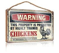 RLVH Funny Desk Live Signs Warning This Property Is Protected By A Highly Trained Chicken2 Wooden Sign Funny Bathroom Wall Decor Sign Wood Vintage Wall D(23X35CM)