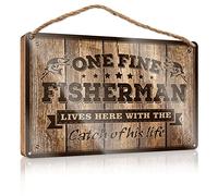 RLVH Hanging Signs For Home Decor One Fine Fisherman Lives Here With The Catch Of His Life Wooden Sign Welcome Sign For Front Door Home Office Decor(23X35CM)