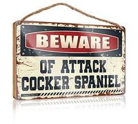 RLVH Home Sign For Front Porch Beware Of Attack Cocker Spaniel Wooden Sign Funny Desk Live Signs Boys Bedroom Decor(15X28CM)
