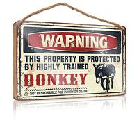 RLVH Sarcastic Signs Warning This Property Is Protected By A Highly Trained Donkey Wooden Sign Porch Signs And Decor Outdoor Bar Signs For Man Ca(15X28CM)