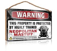RLVH Wood Welcome Sign Warning This Property Is Protected By A Highly Trained Neopolitan Mastiff Wooden Sign Front Door Decorations Hanging Funny Farmhouse Tab(15X28CM)