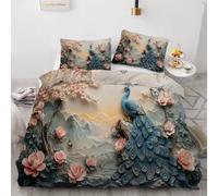 RLYXGS Peacock Duvet Cover Sets Double Reversible Flowers Pink Bedding 200x200 Soft Microfiber 3D Printed Quilt Cover 3Pcs With Zipper Closure+2 PillowCases Bedroom Decor R103
