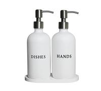 RM Home White Glass Hand and Dish Soap Dispenser Set - Modern Farmhouse Sink Accessories - Liquid Soap Dispenser - 16 oz Kitchen Sink Soap Dispenser Set with Tray, Stainless Pumps & Funnel