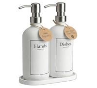 RM Home White Glass Hand and Dish Soap Dispenser Set - Modern Farmhouse Sink Accessories - Liquid Soap Dispenser - 16 oz Kitchen Sink Soap Dispenser Set with Tray, Stainless Pumps & Funnel