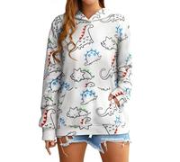 RMCMS Women Dinosaur Funny Hoodie Sweatshirt Pocket Crewneck Casual Loose Cute Tops Long Sleeve Hoodied Pullover Shirt, White, Medium