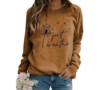 RMCMS Women Just Breathe Letter Print Dandelion Graphic Pullover Sweatshirt Crew Neck Long Sleeve Sweatshirt Top, Khaki, Large