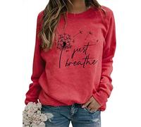 RMCMS Women Just Breathe Letter Print Dandelion Graphic Pullover Sweatshirt Crew Neck Long Sleeve Sweatshirt Top, Red, Large