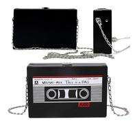 Rmeet 90s Radio Cassette Camera Bag,Vintage Radio Shaped Handbag Retro Hide Shoulder Bag Shoulder Bag PU Crossbody Bag Cassette Unique Purse for Women Girls Black