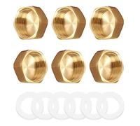RMENOOR 6PCS Brass End Cap, Brass Cap Hose Caps Hexagonal Internal Thread Cap with 6PCS Sealing Washer for Washing Machine Radiator Valve (1/2 Inch)