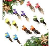 RMENOOR Artificial Birds - 12 Pcs Colourful Feather Birds Realistic Decorative Christmas Tree Ornaments