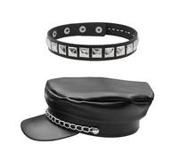 RmKbe 2pcs Punk Cap and Necklace PU Leather Baseball Cap Hip Hop Hat Punk Party Costume Dress Halloween Party Favor for Men Women