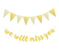 RmKbe 2pcs We Will Miss You Banner and Triangle Flag Banner Going Away Farewell Banner Decoration Gold Glitter Flag Banner for Retirement Graduation