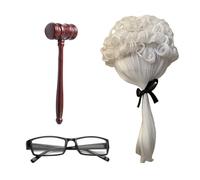 RmKbe 3 Pieces Halloween Judge Costume Accessory White Judge Wig Glasses Handmade Wooden Gavel Perfect Costume Accessory for Courtroom Cosplay