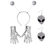 RmKbe 3pcs Alien Set Costume Glitter Ball Boppers Headband Silver Costume Gloves Alien Earrings Halloween Alien Party Favor Supplies for Women Adult