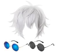 RmKbe 3Pcs Cosplay Costume Accessories Silver White Short Wavy Wig 2 Pairs of Glasses (Gold Frame Ice Blue Lens Black Frame Gray Lens) for Anime Cosplay Costume
