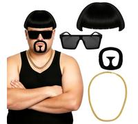 RmKbe 4 Pieces Adults Ibiza Final Boss Costume Accessory Set Black Bowl Cut Wig Sunglasses Gold Chain, Fake Beard Men's Themed Night Accessories for Cosplay Dress Up Party