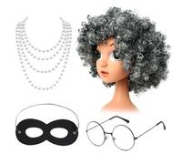 RmKbe 4pcs Gangsta Granny Costume Granny Wig Glasses Eye Mask Pearl Necklace Old Lady Costume Accessory Burglar Granny Costume Set for Halloween Party
