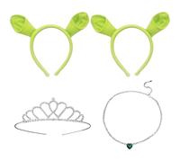 RmKbe 4pcs Green Ogre Ears Headband Crown and Heart Shaped Necklace Cartoon Cosplay Costume Accessories Monster Ogre Cosplay Headwear for Halloween Party