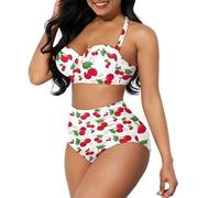 RMMRIYUE Womens High Waisted Bikini Set Halter High Rise Two Piece Swimsuits Push Up Tummy Control Bathing Suits Size S-2XL, Cherry Hearts, Medium