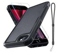 RMOCR Case for iPhone 8/7/SE 2022 2020, with Screen Protector,Military Grade Heavy Duty Shockproof Phone Cover with Wrist Lanyard Strap for iPhone 8/7/SE 2nd 3rd 4.7 inch,Black Matte