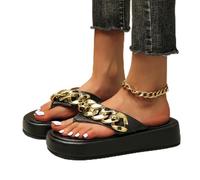 RMUNSK New Plus Size Herringbone Slippers Women Flat Beach Shoes Summer Vintage Metal Chain Platform Women‘s Flip-Flops Sandals