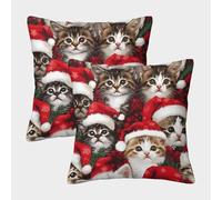 RNDKAUUIE Christmas Cat Set of 2 Cushion Covers Square Pillow Cover Square Throw Cute Pillow Case for Sofa Livingroom Bed Couch Cushions Cases 45x45cm