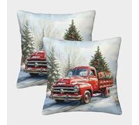 RNDKAUUIE Christmas Red Truck Pillow Covers Pack of 2 Square Pillow Covers Washable Christmas Theme Pillow Cases Square Decorative Cushion Covers for Sofa Garden Bed Couch Cushion 50x50cm