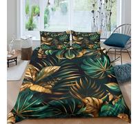 RNDKAUUIE Gold Leaves 3D Printed Bedding Sets Lightweight Easy Care Microfibre Soft Leaf Comforter Cover with Pillow Shams 3 Pieces Shams for All Seasons Double（200x200cm）